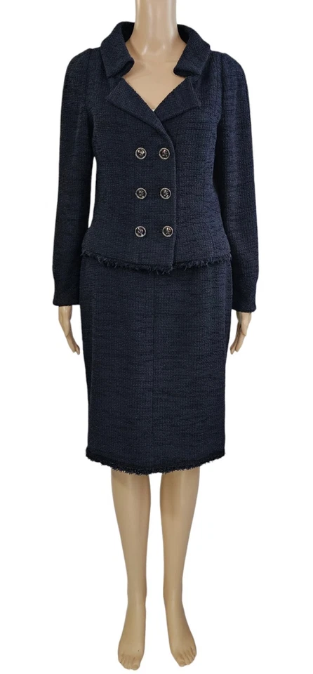 CHANEL Resort 2013 Azul Marino Muescas Chaqueta Bouclé Conjunto Falda 40 M Foto 2 de 4