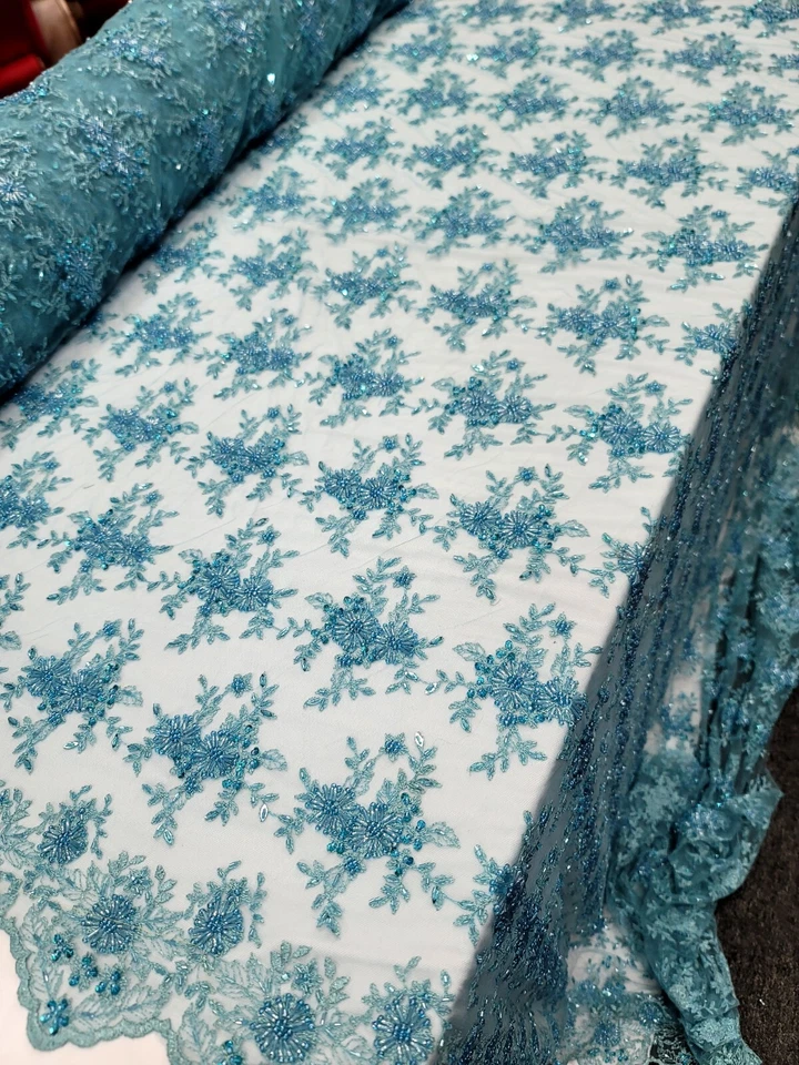 TURQUOISE Beaded Embroidery Bridal Lace Fabric Sold By The Yard Floral Flowers  - Image 3 of 4