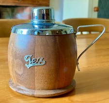 VINTAGE TEA CADDY WOODEN BARREL-SHAPED WITH LINER AND CHROME TOP