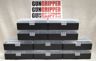 10 x BERRY'S PLASTIC AMMO BOX, CLEAR/BLACK 50 Round 44 SPL / 44 MAG / 45 LC