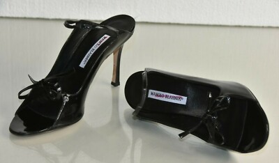 Sandales Manolo Blahnik Talons Hauts 4 Pouces Cuir Verni Noir - Taille 41, Neuves Sans Boîte