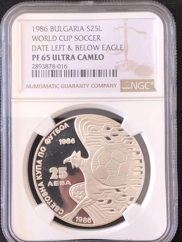 BULGARIA 1986 25 Leva FIFA World Cup Gryphon NGC PF65 Ultra Cameo