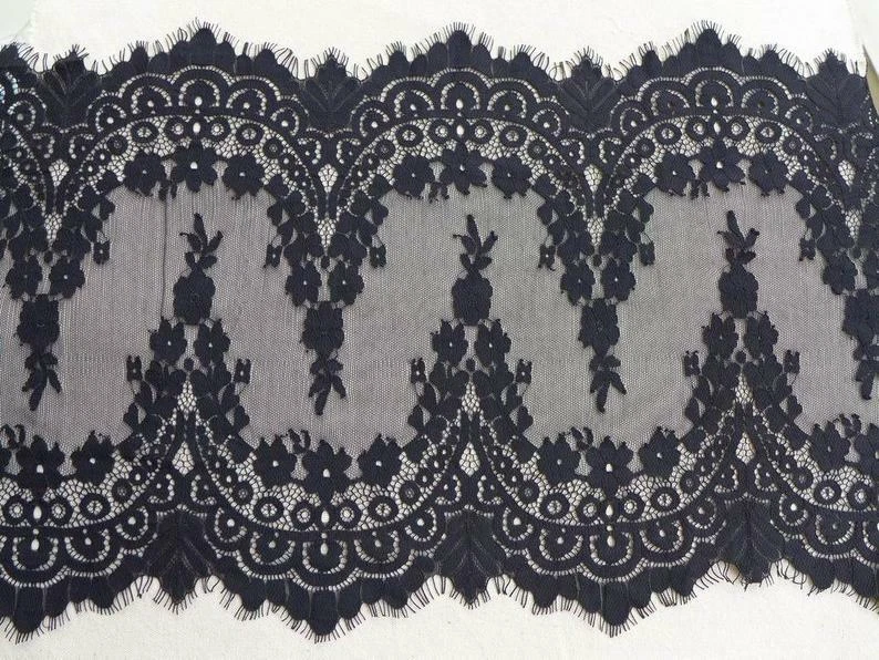 Scalloped Chantilly Lace Fabric Black Eyelash Lace Trim Bridal