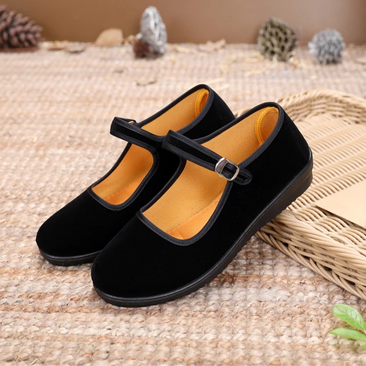Womens Flat Non Slip Mary Jane Slip On Faux Velvet Beijing Dance Buckle Shoes