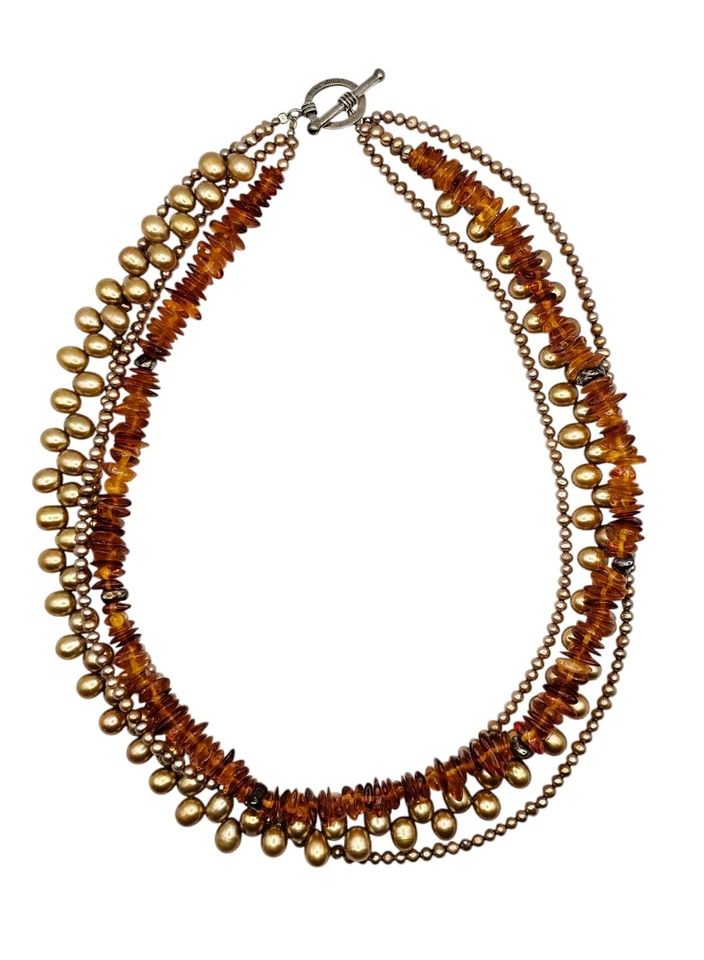 Collar Vintage Plata Esterlina Ámbar Perla Cuentas Multistrand Declaración Israel Foto 3 de 4