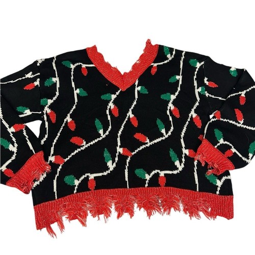 Joyland V-Neck Long Sleeve Ugly Christmas Lights Sweater Fringe Women's Sz L - Picture 4 of 7