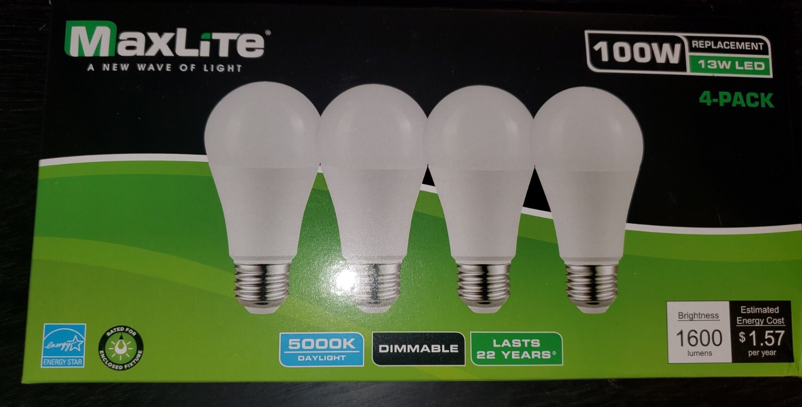 Maxlite Energy 100w Replacement 13w LED 4 Bulbs Daylight 5000k Dimmable