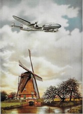 Emailleschild aus Holland mit einem Propellerflugzeug über einer Windmühle