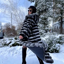 Women's Chinchilla Print Coat Real Rex Rabbit Fur Jackets Fur Overcoat Hooded