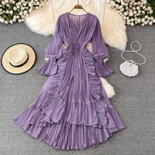 Spring Women Elegant Lotus Leaf High Waist Slim V-Neck Dress Big Swing Dress