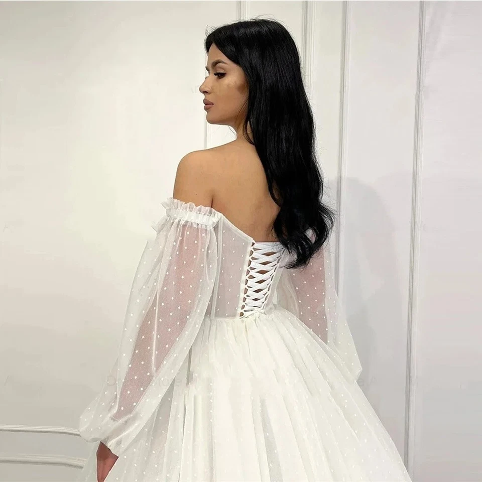 Vestidos de novia cortos mangas desmontables fuera del hombro dulces vestidos de novia con cinturón Foto 4 de 4