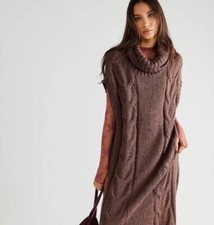 Free People Size L Chunky Knit Turtleneck On A Cloud Midi Dress Brown