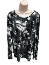Simply Vera Wang Women's Sz XL Black Velvet Rose Top Whimsigoth Goth Long Sleeve