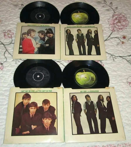 Four Beatles UK Vinyl 45s with Picture Sleeves