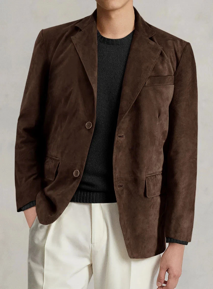 Brown Soft Men's Suede Blazer Pure Sheepskin 2 Button Slim Fit Coat Blazer