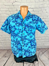 Vintage 60s Waikiki Wear by Duke of Hollywood S/M Hawaiian Shirt Blue Floral