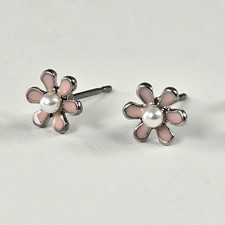 Tiny Pink Flower Earrings, Sterling Silver Pearl  Enamel Daisy Studs
