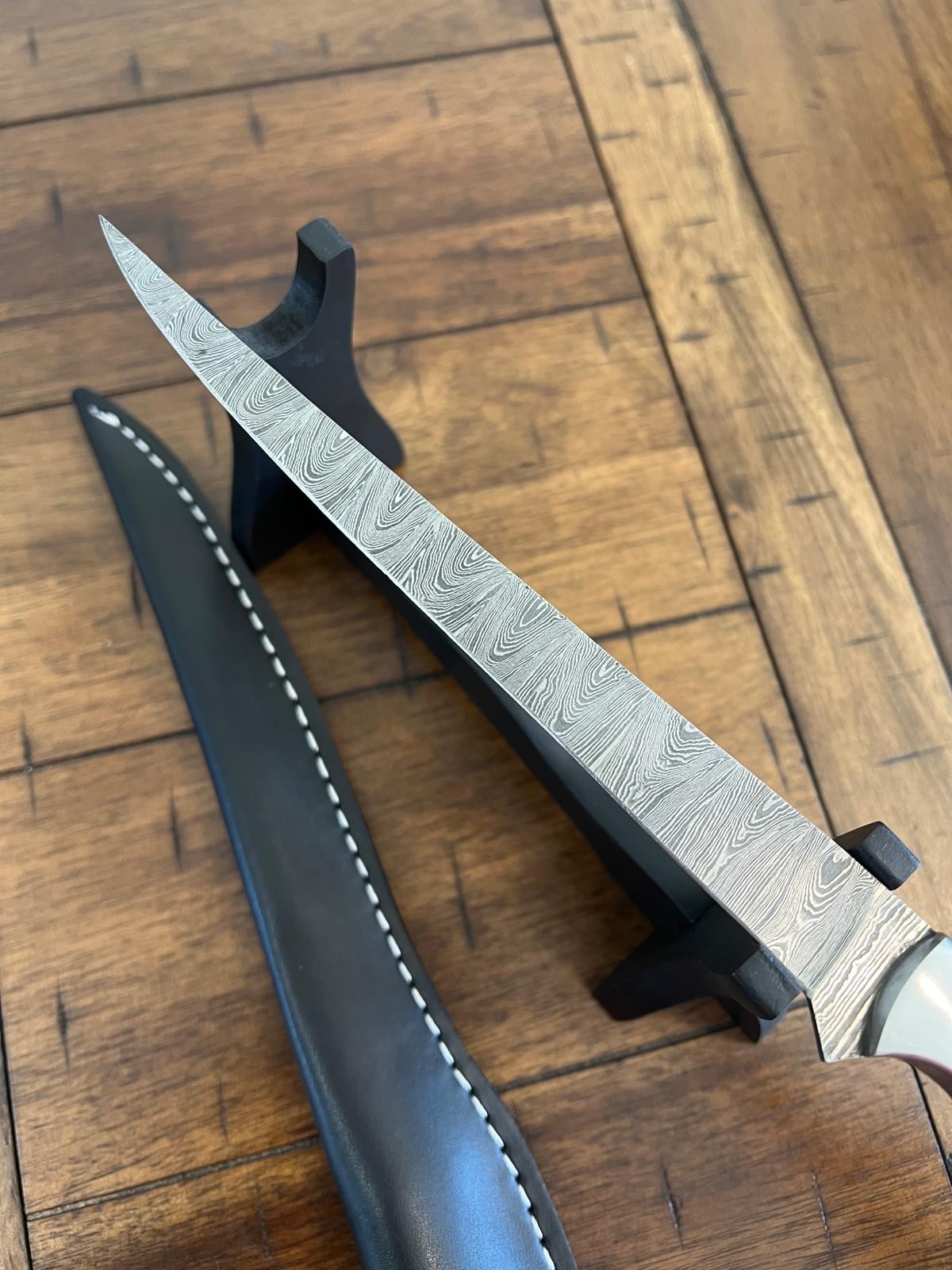 CUSTOM HANDMADE DAMASCUS WOOD HANDLE FLEXIBLE FILLET KNIFE WITH LEATHER SHEATH