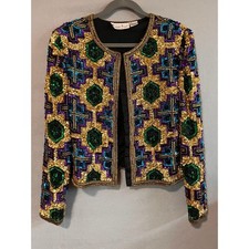 Laurence Kazar NY Vintage 80s Silk Beaded Sequin Jacket PM Gold Purple Peacock