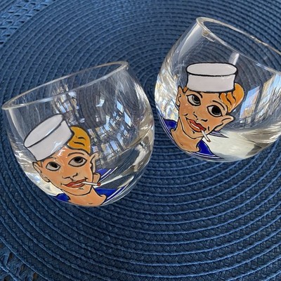 Vintage Set of 2 Roving Eye Cigarette Smoking Sailor Roly Poly 3.5 oz Glasses
