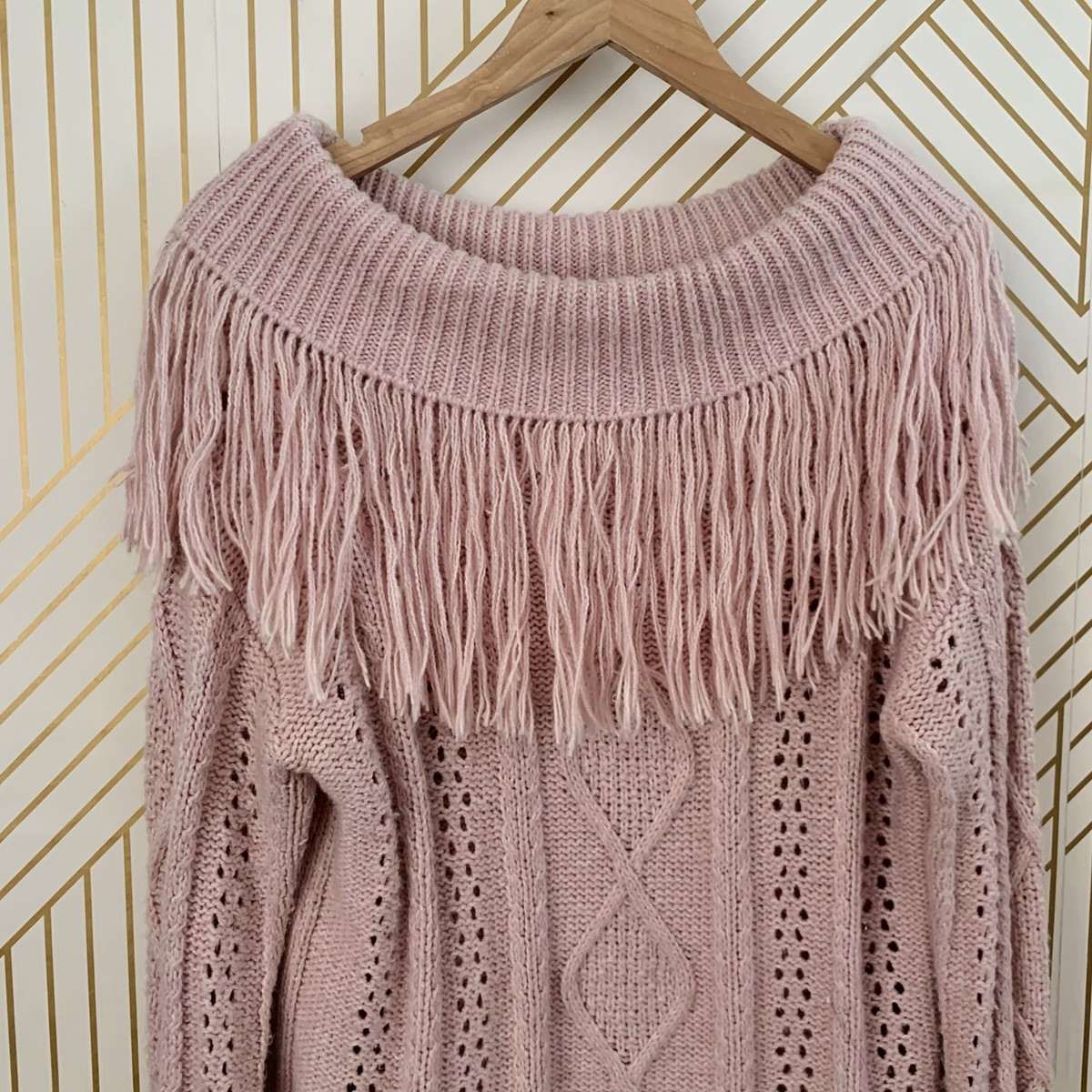 INC International Concepts cotton blend Cowl fringe cable knit sweater Y2K XL View 6