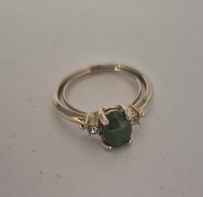 Gold Tone Green Stone Ring Emerald Style With Clear Stones Ladies Ring