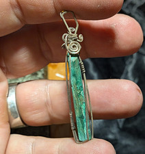 Handcrafted Green Rectangle Stone Pendant Necklace Silver Bezel Setting