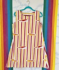 VINTAGE red yellow white stripe shift dress medium cotton fast food mod 70s 60s