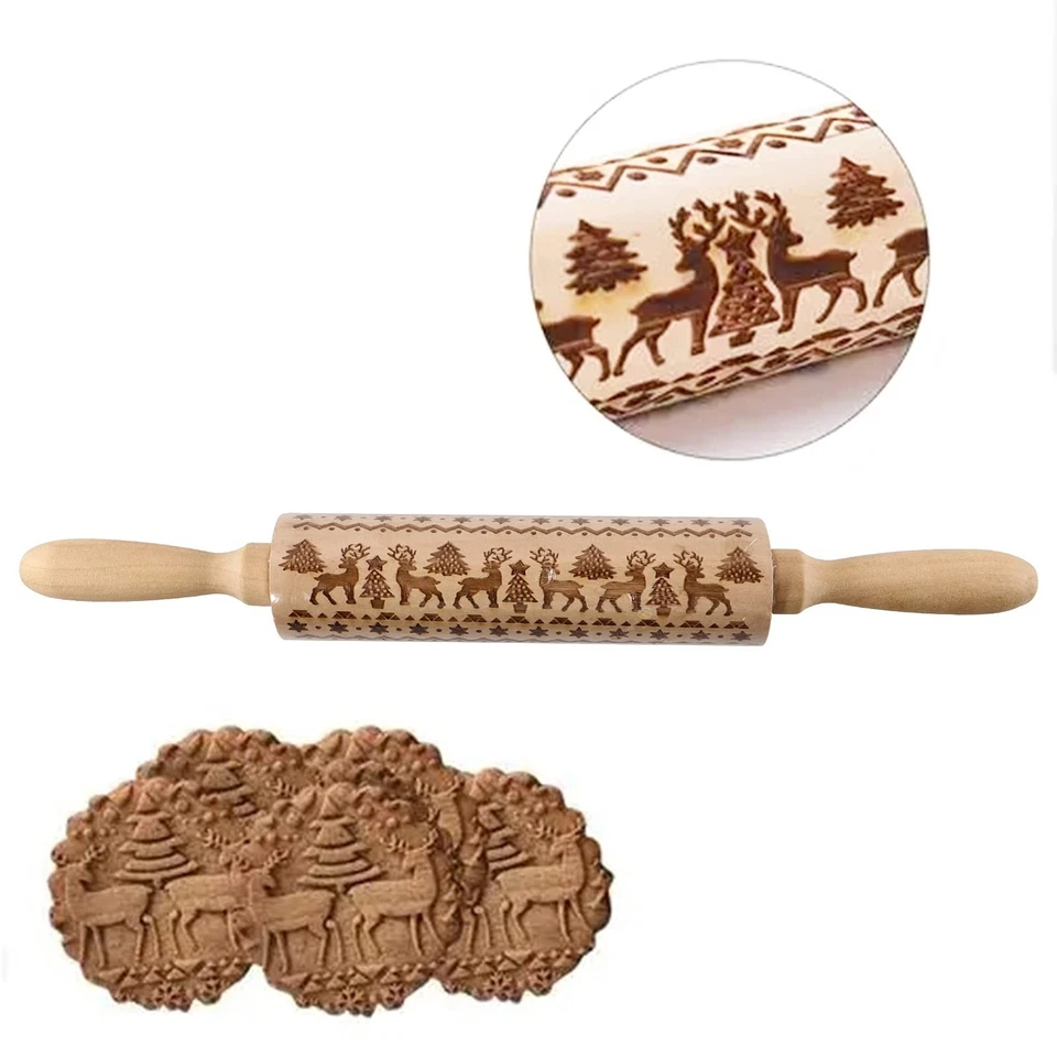 4Pack Christmas Wooden 3D Rolling Pins Embossed, Embossing Rolling Pin - Image 3 of 4