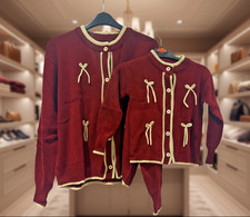 New Mother & Daughter Maroon Knit Cardigan Set Cream Bows – Size L & 4-6 Years