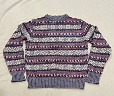 Shetland Edinburgh Wool Blue Striped  White Snowflakes Women s Sweater SE34