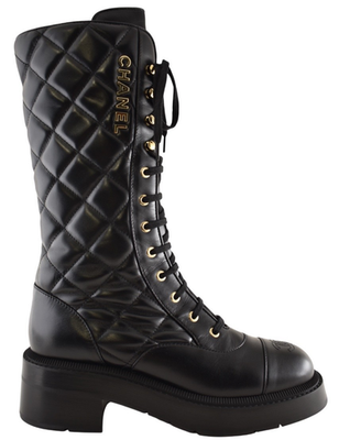 Chanel 24K Black Quilted Leather CC Combat Lace Up Tie Military