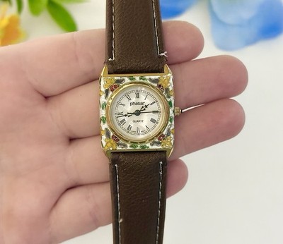 Vintage Phasar 14k Gold Cloisonné Enamel Watch Colorful Floral Pearl Dial Square
