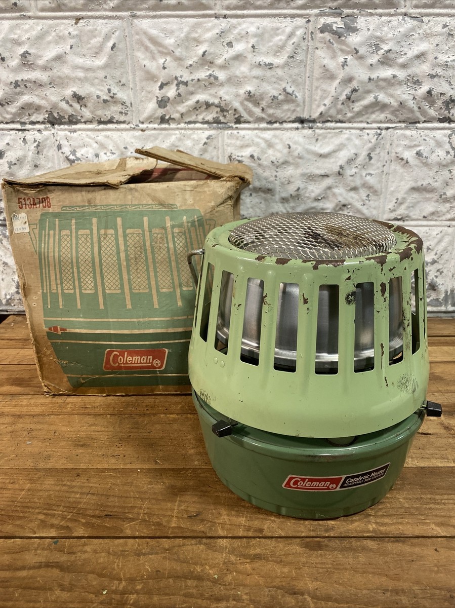 COLEMAN HEATER IN BOX 1972 513A 708 SUPER CATALYTIC IN AVOCADO GREEN DATED 1⁄72 COLEMAN HEATER IN BOX 1972 513A 708 SUPER CATALYTIC IN AVOCADO GREEN DATED 1⁄72