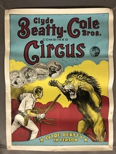 Vintage Clyde Beatty-Cole Bros Circus Lion Tamer Poster 28&rdquo; X 21&rdquo;