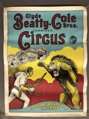 Vintage Clyde Beatty-Cole Bros Circus Lion Tamer Poster 28  X 21 