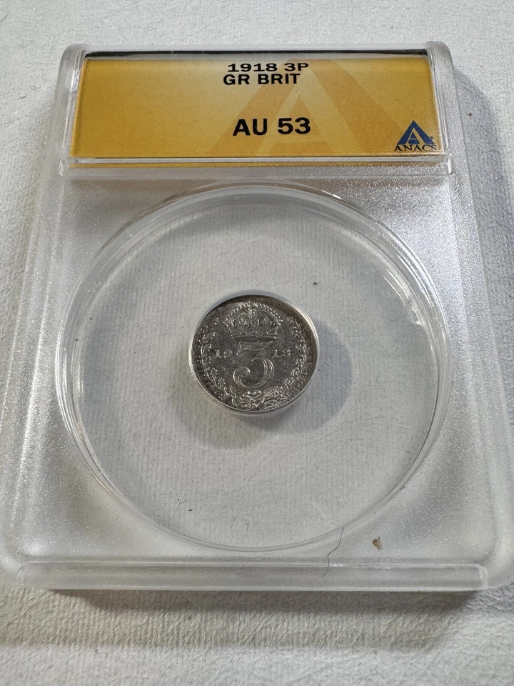 1918 Great Britain Silver 3 Pence Graded AU 53 by ANACS - Image 2 of 4