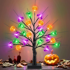 18 Inch Black Halloween Tree 24LED Pumpkin Bat Spider Light Usb/Battery Operated