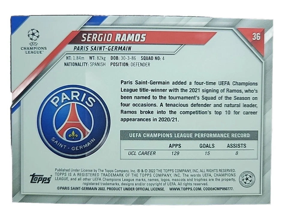 2021-22 Topps UCL Collection 1st Edition Sergio Ramos #36 PSG Paris Champions - Image 2 of 2