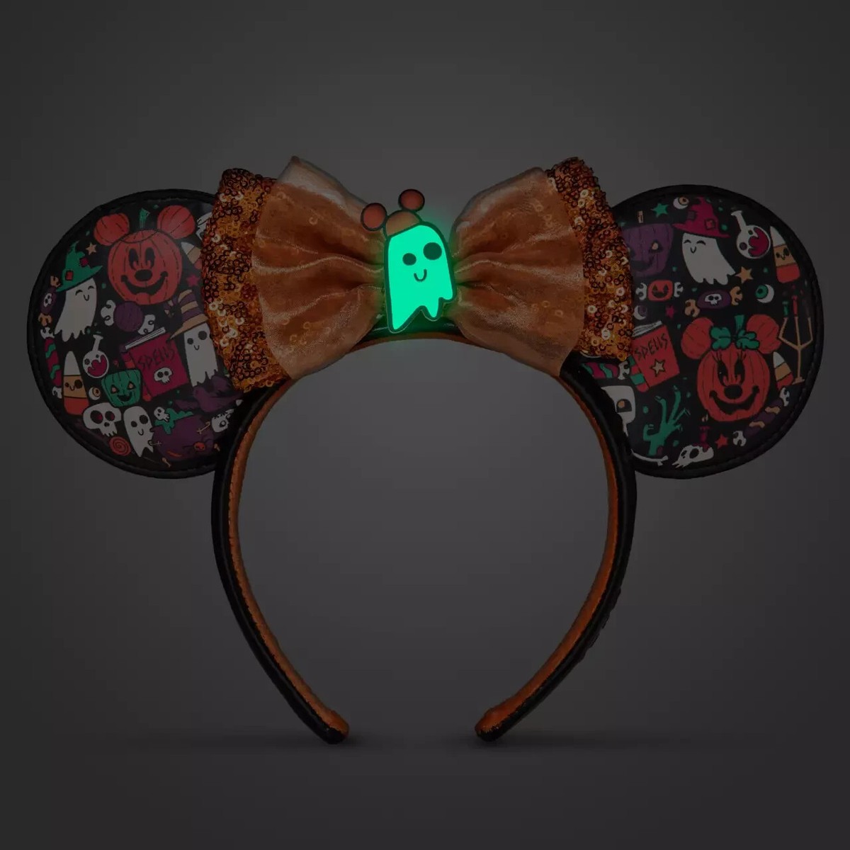 NEW! Disney Parks Minnie Halloween 2022 Ear Headband Sequined Bow GITD Ghost Boo NEW! Disney Parks Minnie Halloween 2022 Ear Headband  main image 2