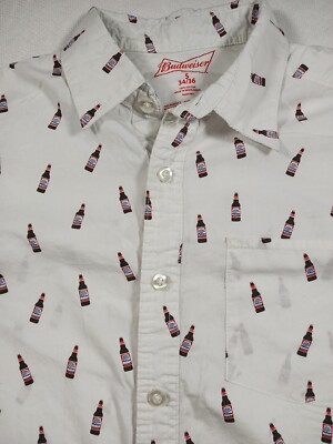 Budweiser Short Sleeve Button Down Shirt Sz S White Bottles Pocket Beer