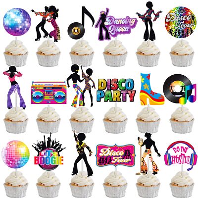 24-Piece Disco Ball Cupcake Toppers - 70s Theme Party Decorations With Mirror Tiles