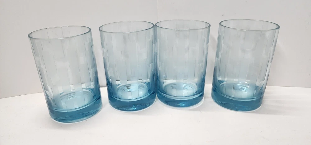 Tumbler Glasses Set Of 4 / 9 oz Checked Etched Blue Frosted MCM