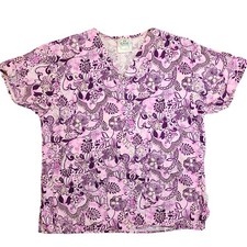 Crest Cottons Scrub Top Womens Size M Floral V Neck Short Sleeve Front Pockets