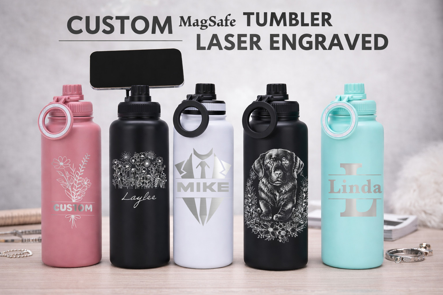 Custom Laser Engraved 32oz Tumbler | MagSafe Phone Holder Water Bottle