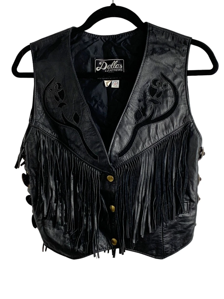 Womens 80s VTG Black Leather USA Vest Fringe Snaps Sz 8 Dallas Leathers RY10629 - Image 2 of 4