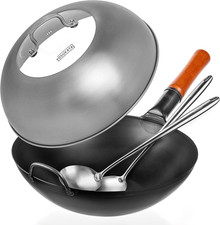 Carbon Steel Wok Pan 13,5 Lid 12.8 in for 13.5-In Wok 17 Spatula and Lad