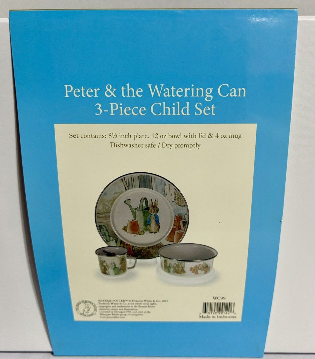 Set Bimbi Smaltato Golden Rabbit 3 Pezzi: Piatto, Ciotola Con Coperchio E Tazza – Motivo Peter Rabbit – Acciaio Smaltato, Lavabile In Lavastoviglie