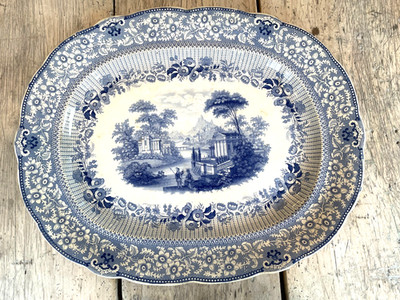 Antique Platter English Transfer Ware Ridgways Rare Blue Grecian Pattern 19  LG.