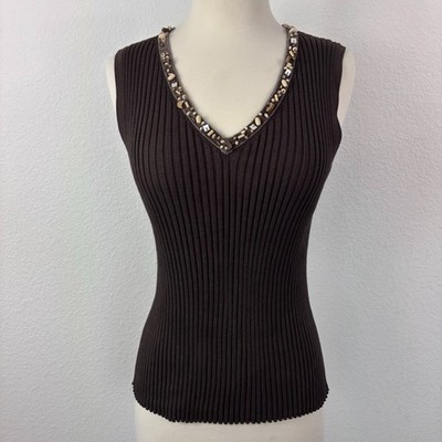 Y2K Womens Ribbed V-Neck Top XL Brown Beaded Trim World Republic Deep V